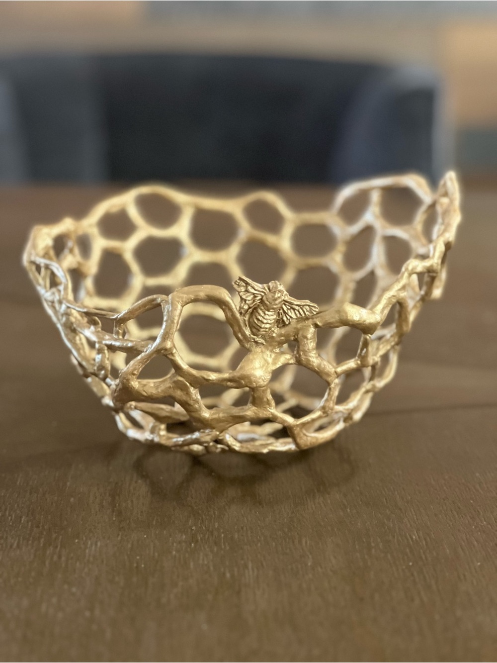 Sculptural Gold Honeycomb Decorative Bowl with Bee Accent
